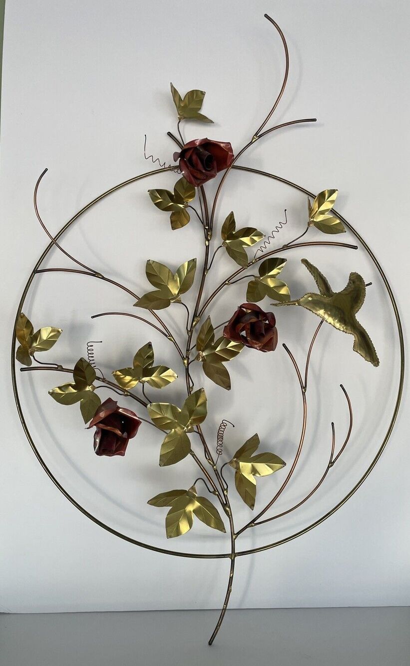 Atomic Metal Floral Wall Hanging Signed Gold Red Art Wall Decor MCM Large 18"